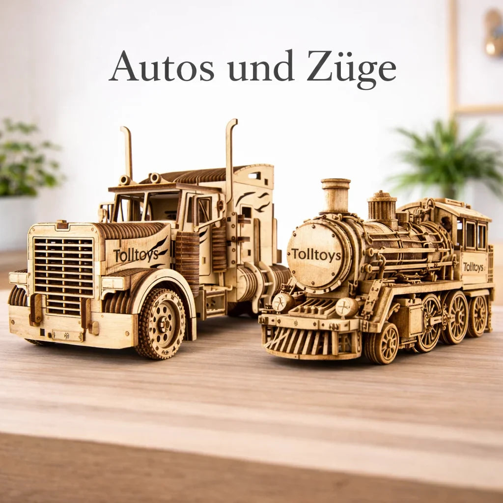 Mechanische 3D Holzmodelle Autos und Züge aus Holz – detailreiche LKW- und Lokomotiv-Modelle von TollToys