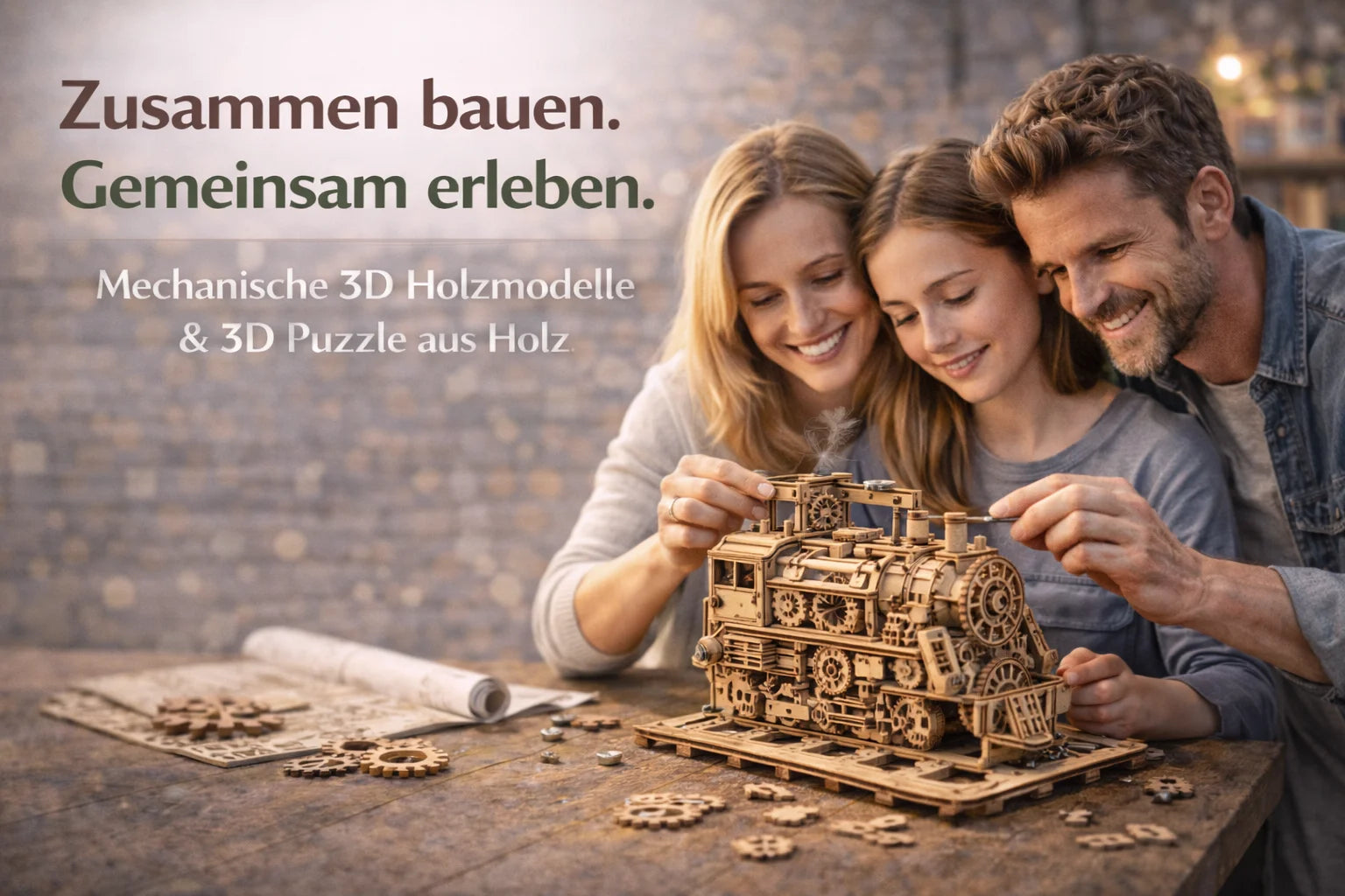 Familie baut gemeinsam ein mechanisches 3D Holzmodell einer Lokomotive – hochwertiges 3D Puzzle aus Holz für Erwachsene und Jugendliche