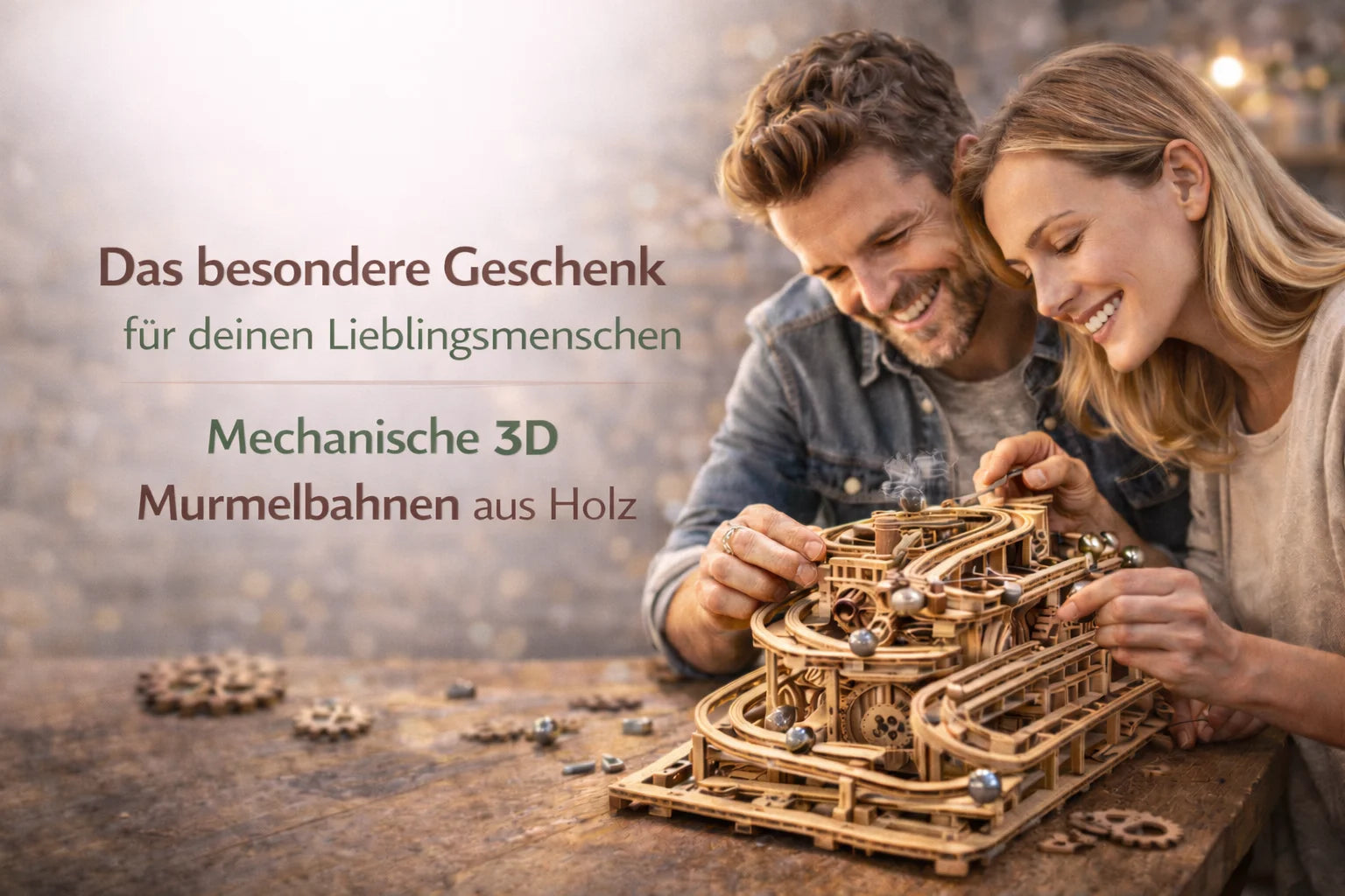 Paar baut zusammen eine mechanische 3D Murmelbahn aus Holz – kreatives 3D Puzzle als besondere Geschenkidee