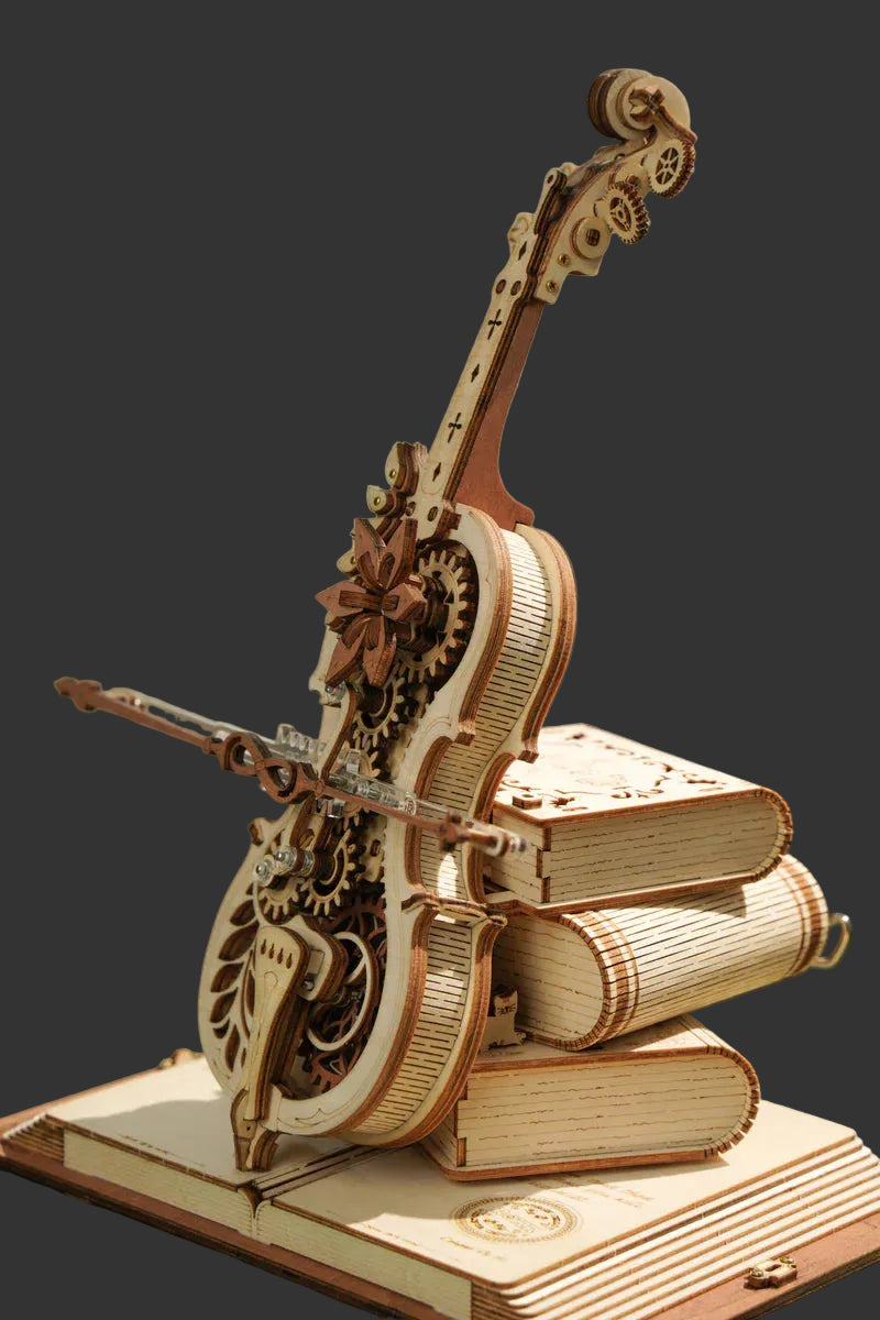 Seitenansicht des musikalischen Holzpuzzles Cello