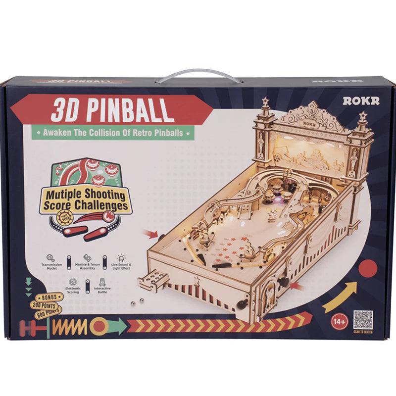 ROKR 3D-Pinball Holzbausatz – Retro Flipper selber bauen mit LED & 482 Teilen