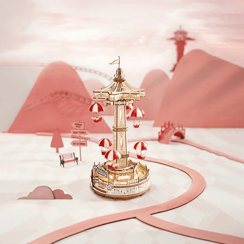 3D Holzpuzzle-Fallschirmturm – Jahrmarktspaß zum Selberbauen