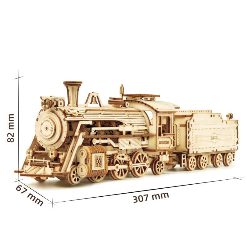 Frontansicht der ROKR Prime Steam Express Dampflok als Holzmodell