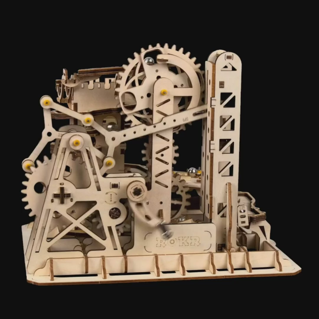 3D Puzzle Holzbaukasten Murmelbahn mit Kran- und Radaufzug